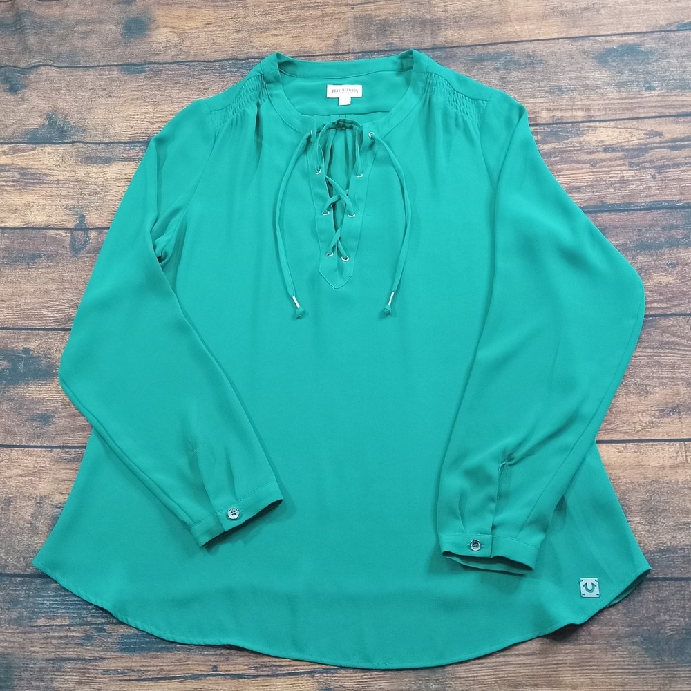 True Religion Deep V-Neck Lace Up Long Sleeve Blouse Top‎ Woman's XL Green